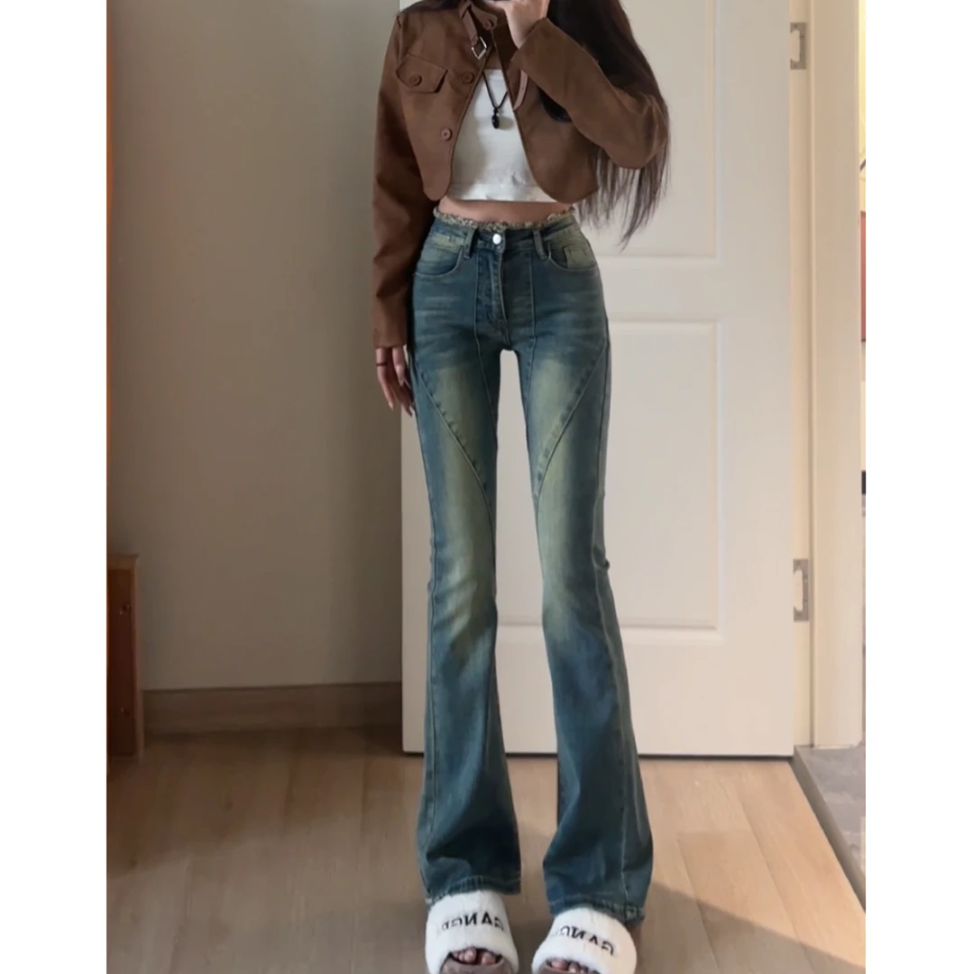 复古做旧线条设计感牛仔裤女2024年夏季高腰弹力修身微喇裤蛮腰纪