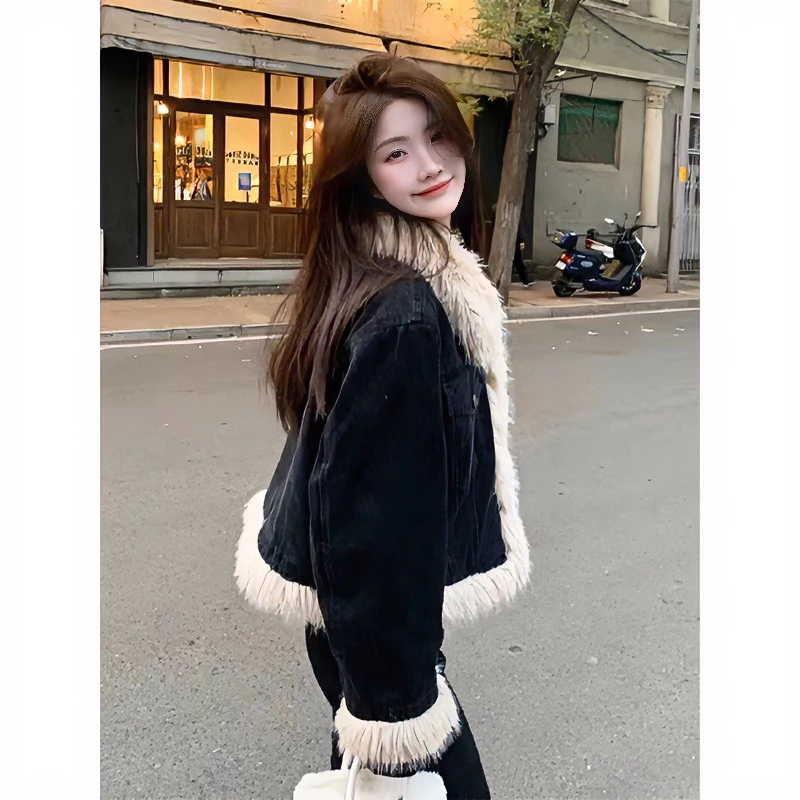 羊羔绒外套女24新款牛仔拼接毛毛领撞色复古高级感加厚上衣蛮腰纪