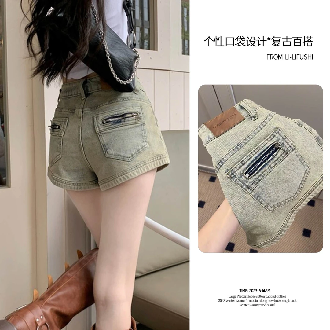 美式辣妹复古牛仔短裤女夏季新款高腰显瘦设计感小众A字热裤2147