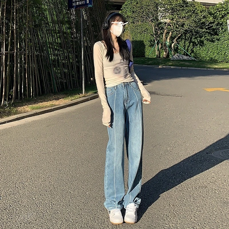 2024春季新款韩版宽松高腰牛仔拖地裤宽松直筒老爹裤百搭显高1819