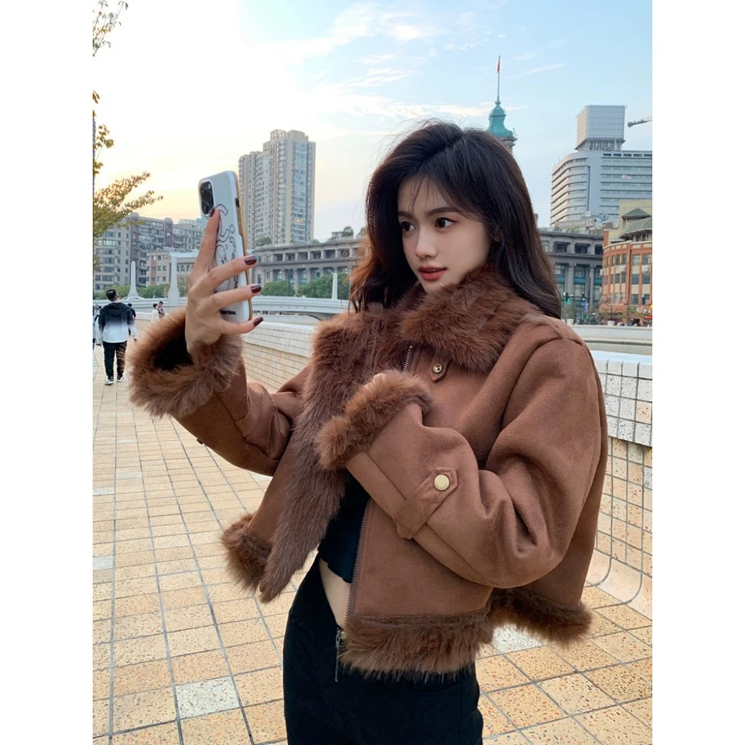 高级感美拉德皮毛一体小香风机车服外套女秋冬加厚短款外套蛮腰纪