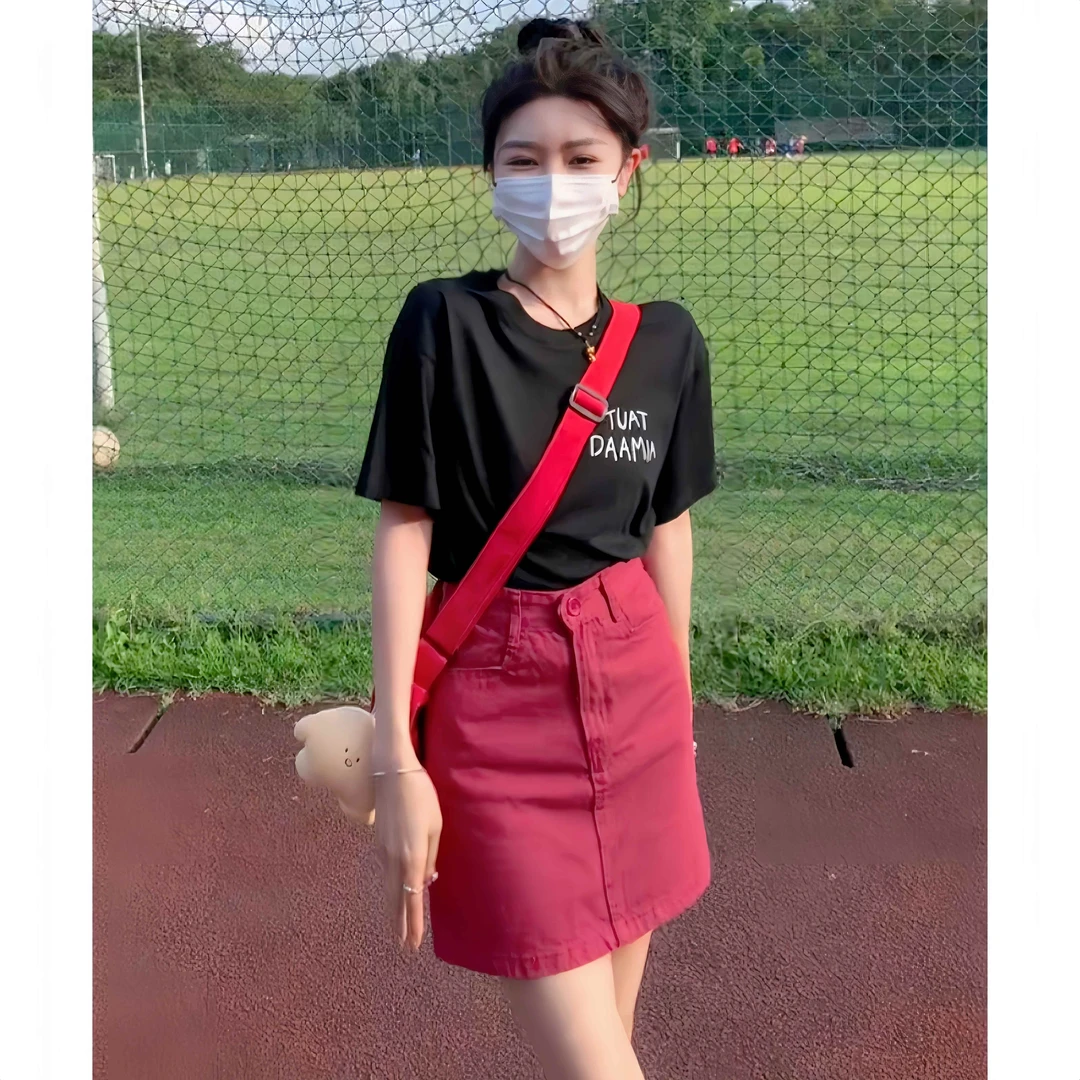 酒红色甜辣半身裙女夏款高腰显瘦包臀短裙宽松胖mm防走光蛮腰纪