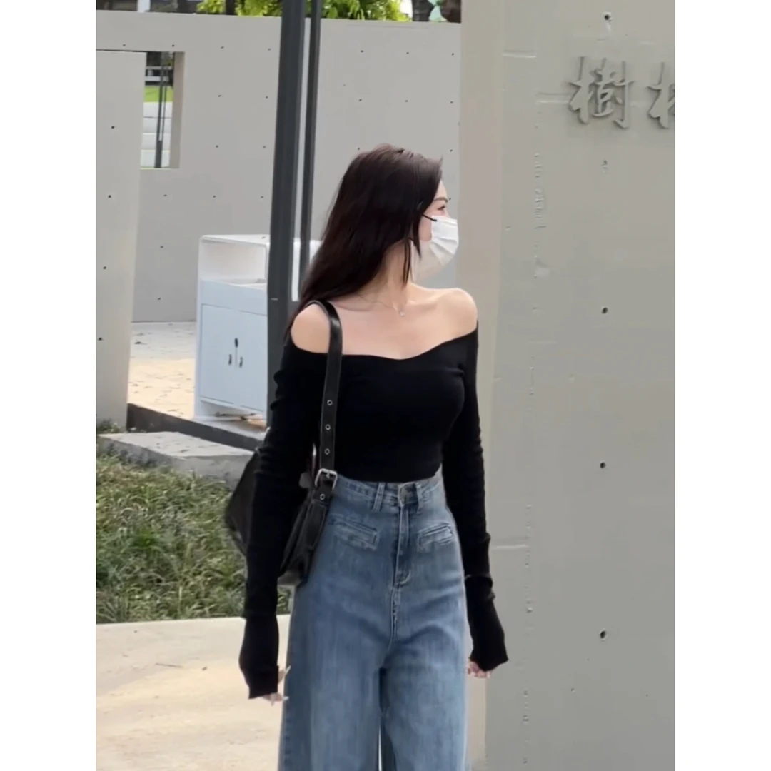 大领口修身上衣女2025年秋季新款百搭黑色打底衫紧身长袖气质