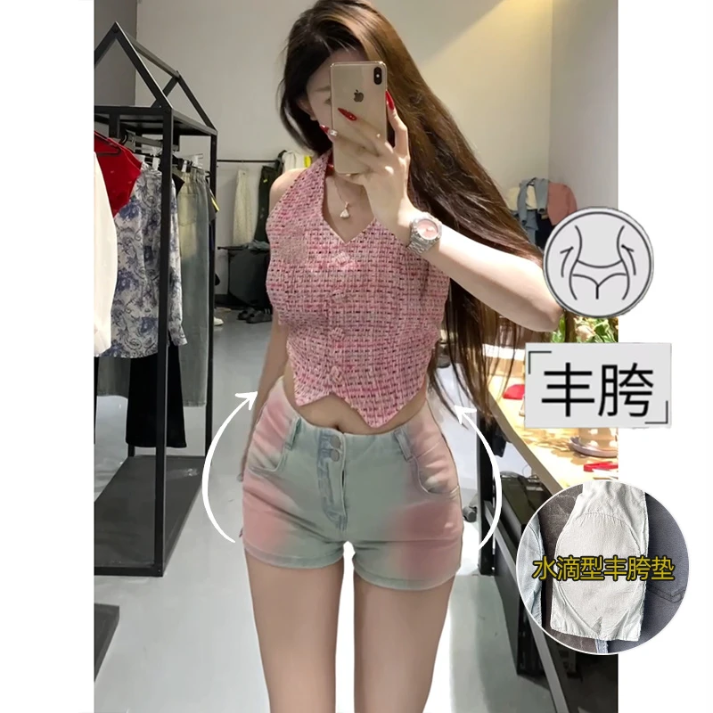 浅色腮红丰胯牛仔短裤女2025秋季新款高腰弹力紧身显瘦辣妹热裤