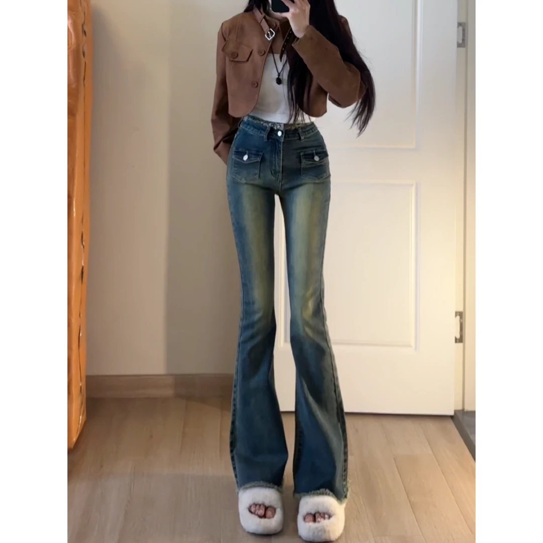 美式vibe复古毛边微喇裤女2024夏季新款高腰弹力显瘦喇叭裤蛮腰纪