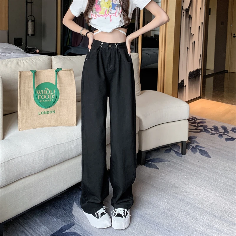黑色设计感阔腿牛仔裤女2024春款高腰宽松垂感百搭拖地直筒裤5586