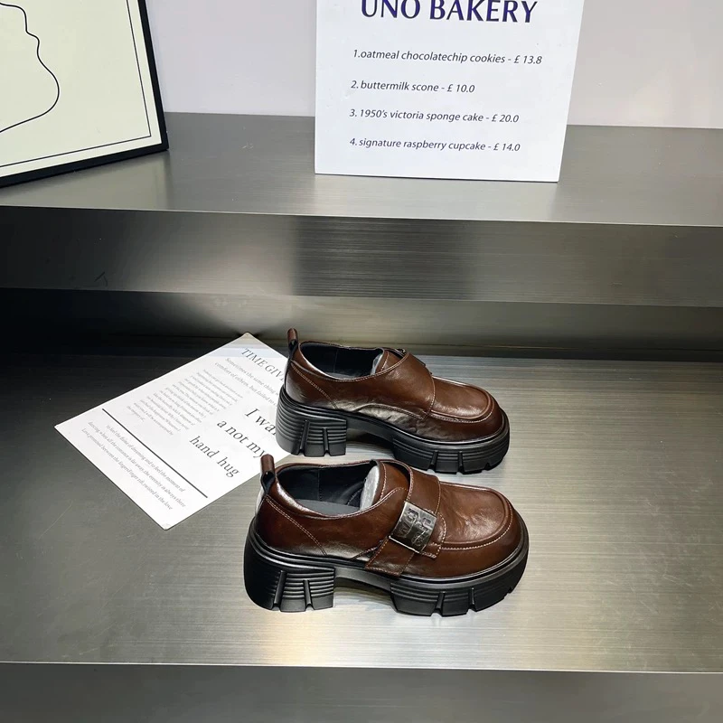 QD8810-1 厚底牛皮乐福鞋女2024秋新款粗跟圆头小皮鞋魔术贴高跟