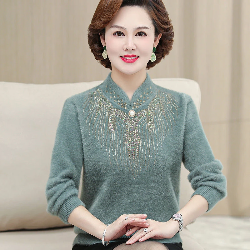 妈妈冬装新款毛衣女40-50岁中老年女装优雅一体绒针织衫加厚上衣