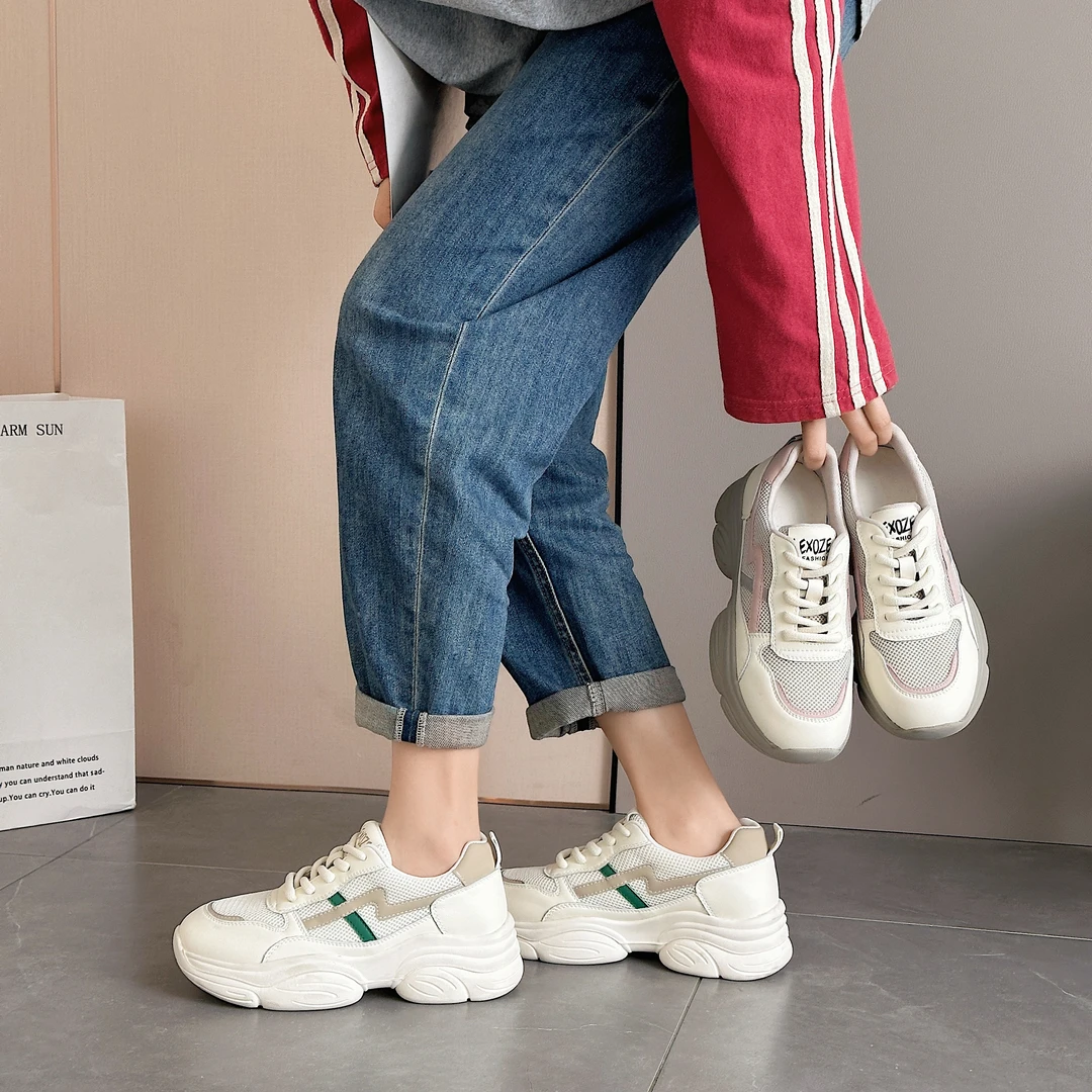 801-86大码真皮女老爹鞋时尚百搭休闲2024春季韩版网面透气运动鞋