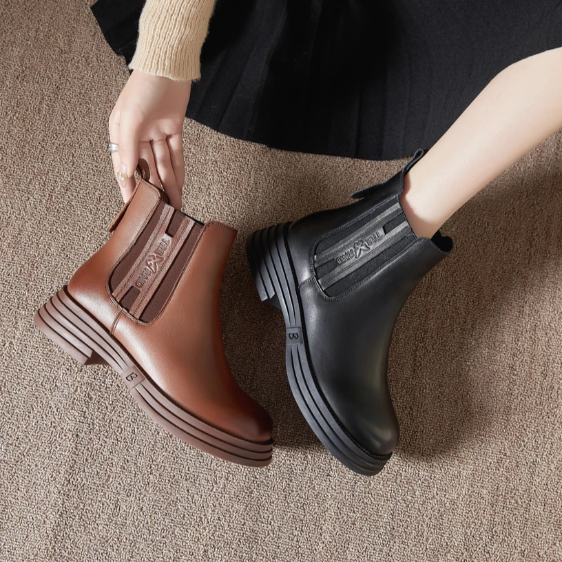 6266大码女鞋真皮切尔西靴时尚百搭加绒英伦风复古秋冬圆头女短靴