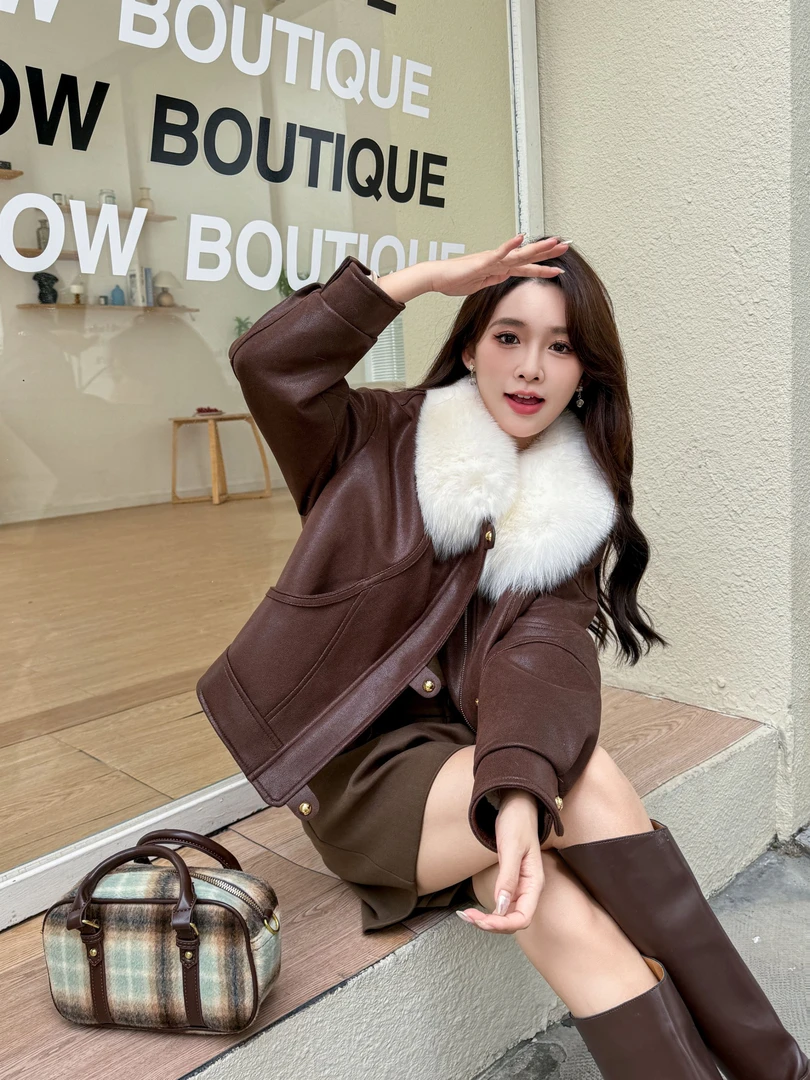 【SHU】狐狸毛皮草外套女24新款短款时尚显瘦麂皮绒鹅绒服毛毛