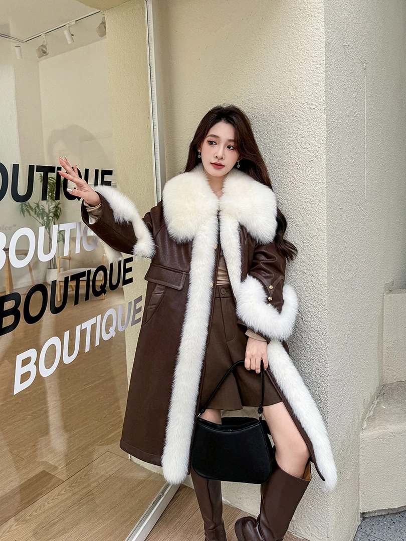 财阀千金 狐狸毛特长款气质洋气麂皮鹅绒大衣毛毛皮草外套