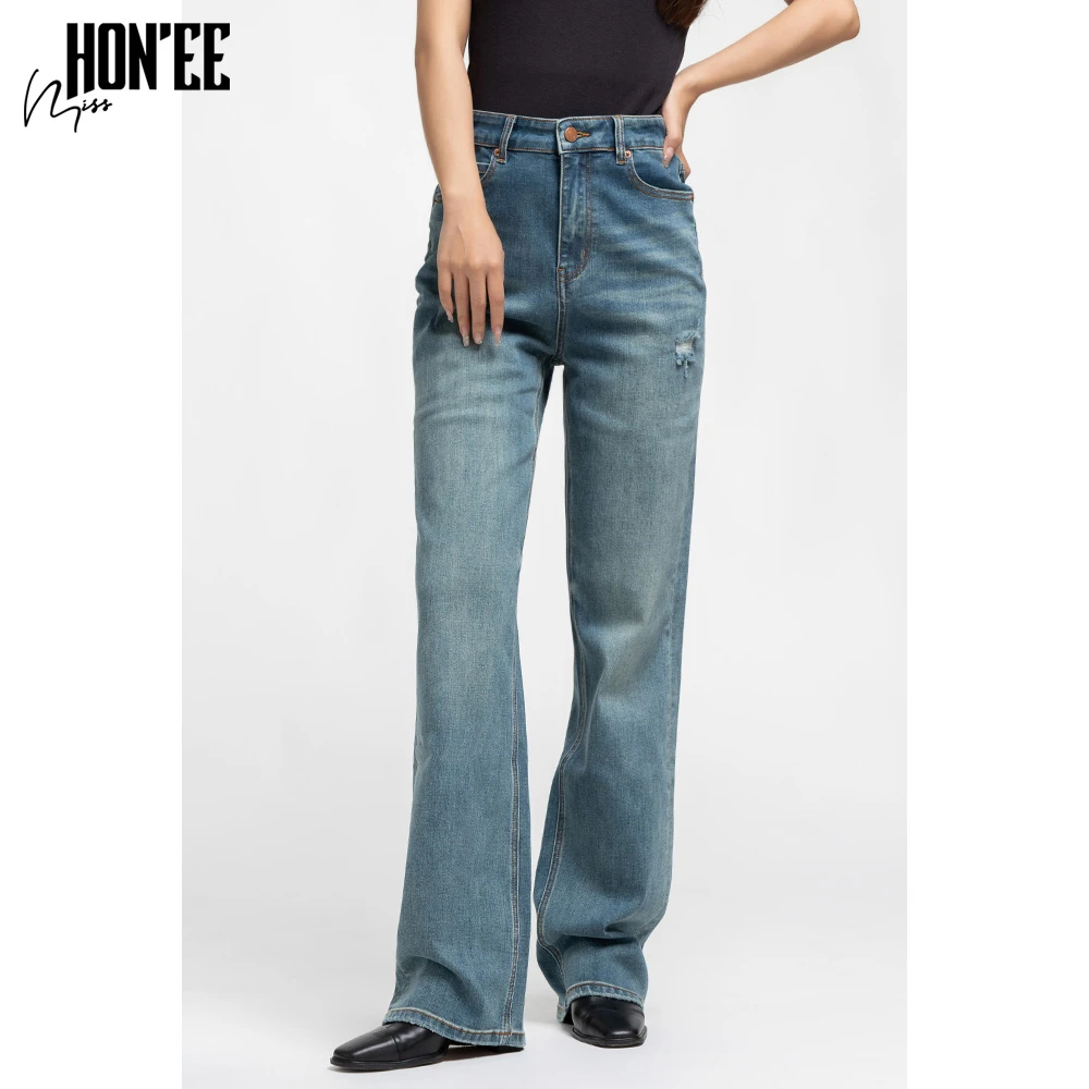 MISSHONEE08蓝色高腰修身破洞直筒女装牛仔裤显高显瘦时尚