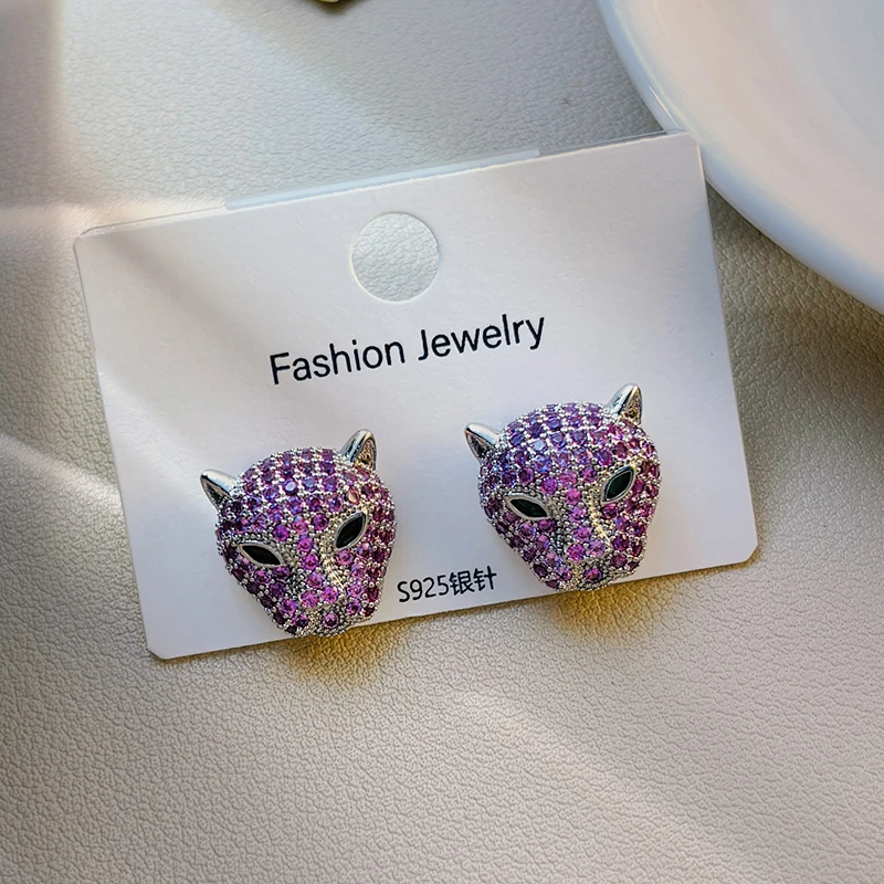 铜合金耳饰 紫色豹子头耳钉精致满镶轻奢个性时尚耳环