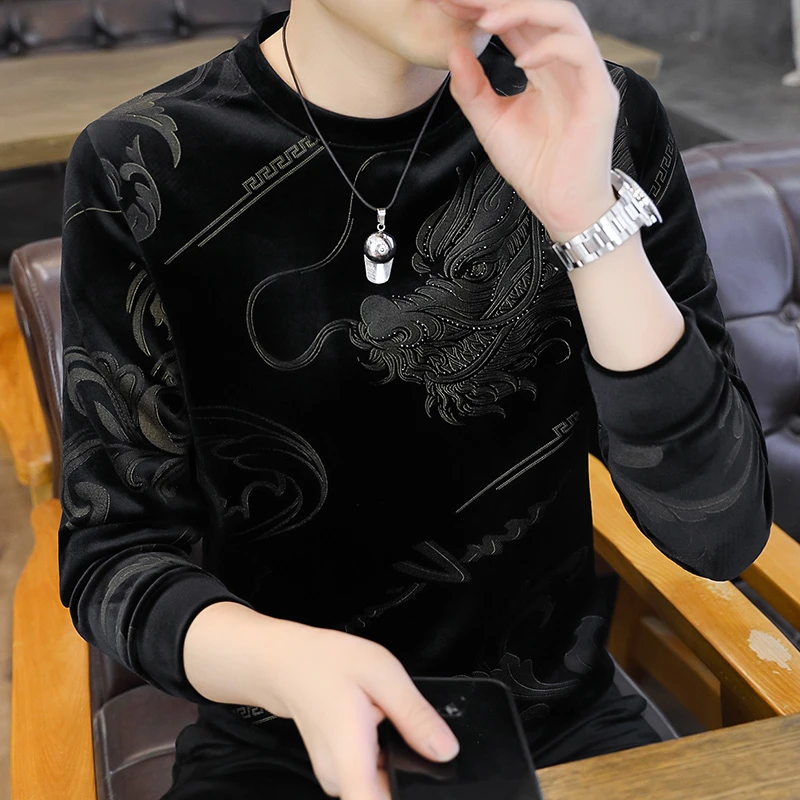 金丝绒圆领卫衣男士春秋季印花潮牌宽松休闲秋衣长袖T恤打底衫男