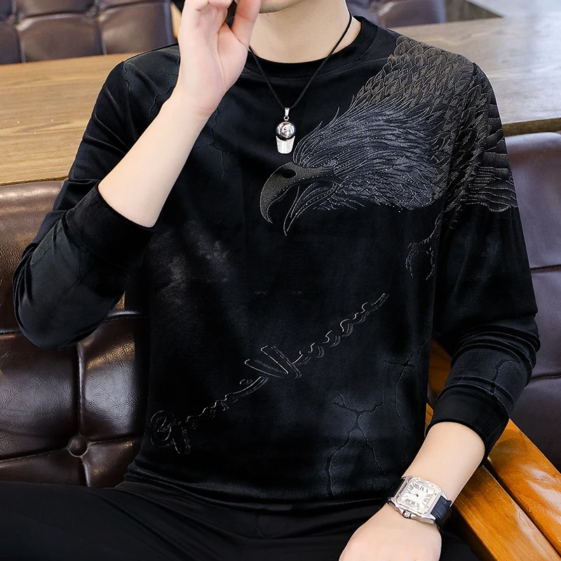 秋冬男士金丝绒卫衣长袖圆领t恤打底衫宽松休闲大码上衣男装青年