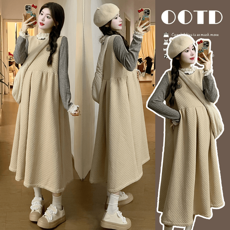 孕妇装春秋款新款洋气华夫格马甲背心裙打底两件套孕妇连衣裙春装