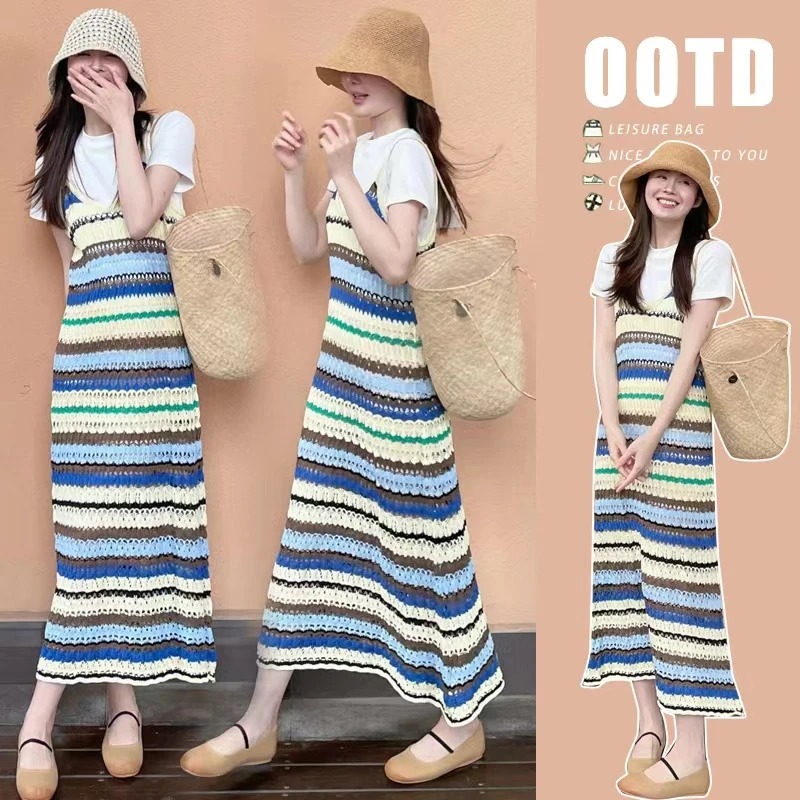 孕妇装2024新款时尚气质韩版洋气显瘦彩色条纹连衣裙孕妇套装夏季