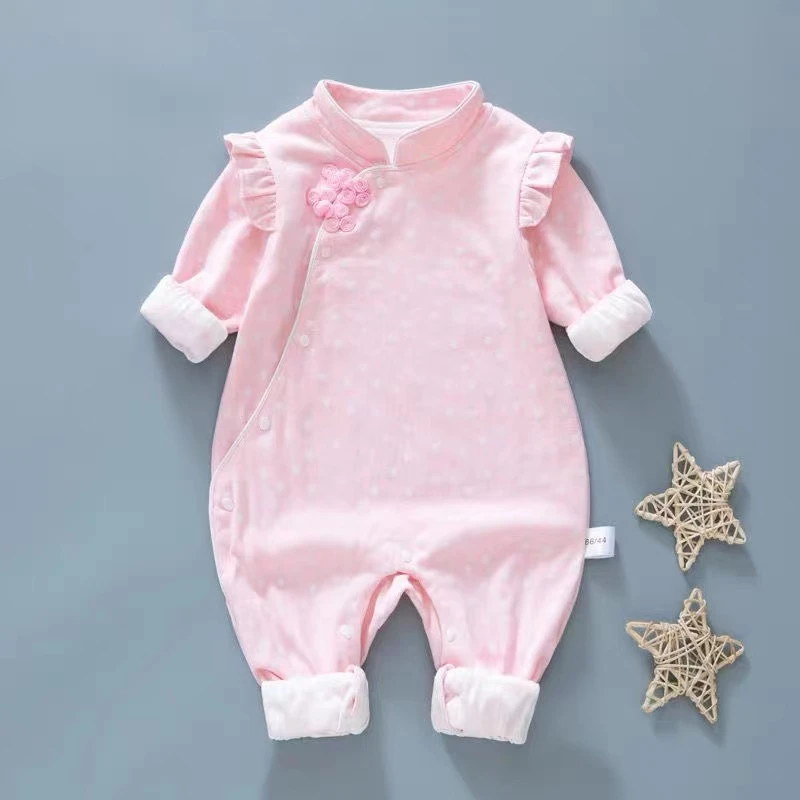 宝宝春秋双层中国风立领盘扣幼儿纯棉连体衣