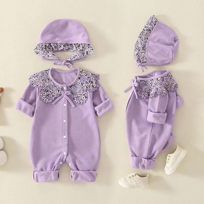 宝宝春秋长袖紫色贝壳领女宝洋气连体衣【送帽子】婴儿新生儿秋季