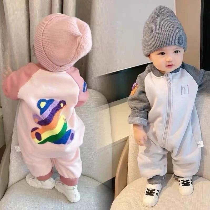婴幼儿春秋加绒彩条后背小熊长袖保暖连体衣长爬婴儿