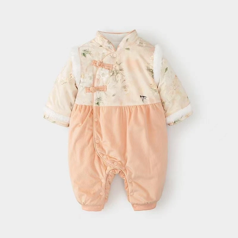 婴儿棉服冬季新生儿夹棉加厚a类连体衣女宝宝中国风百天周岁礼服