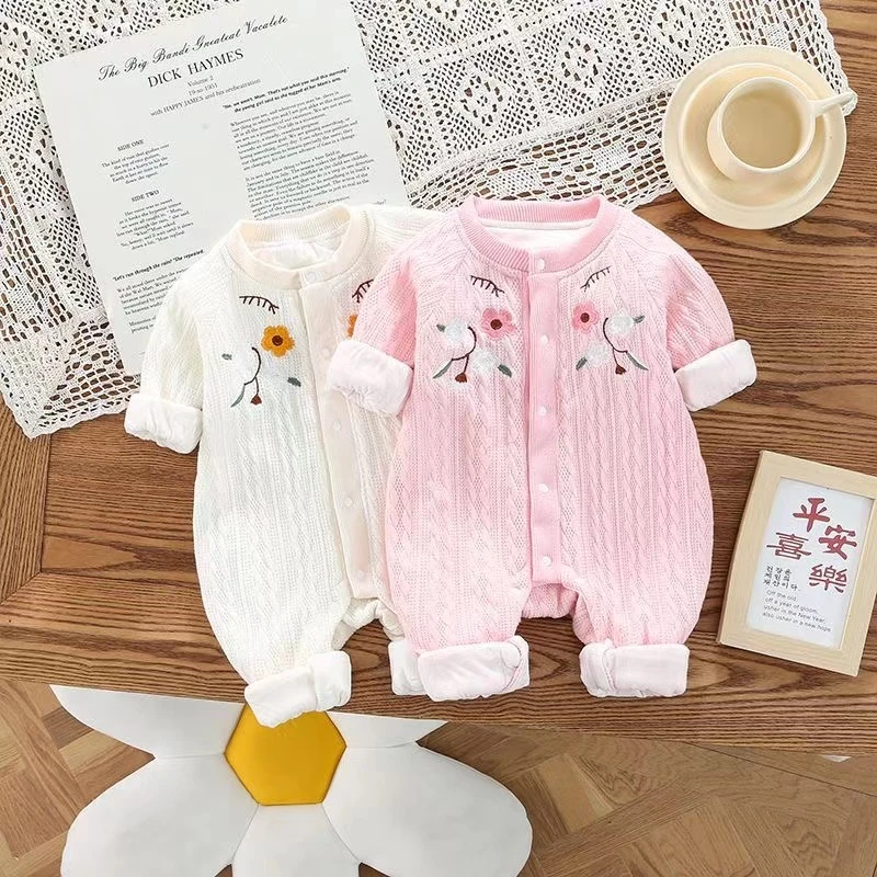 LS宝宝春秋双层洋气花朵女宝连体衣秋季婴儿长袖外出服秋冬新生儿