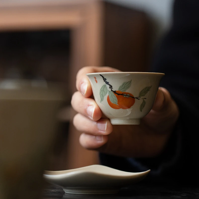 复古草木灰柿子茶杯男女家用主人杯品茗杯陶瓷功夫茶具单杯小茶杯