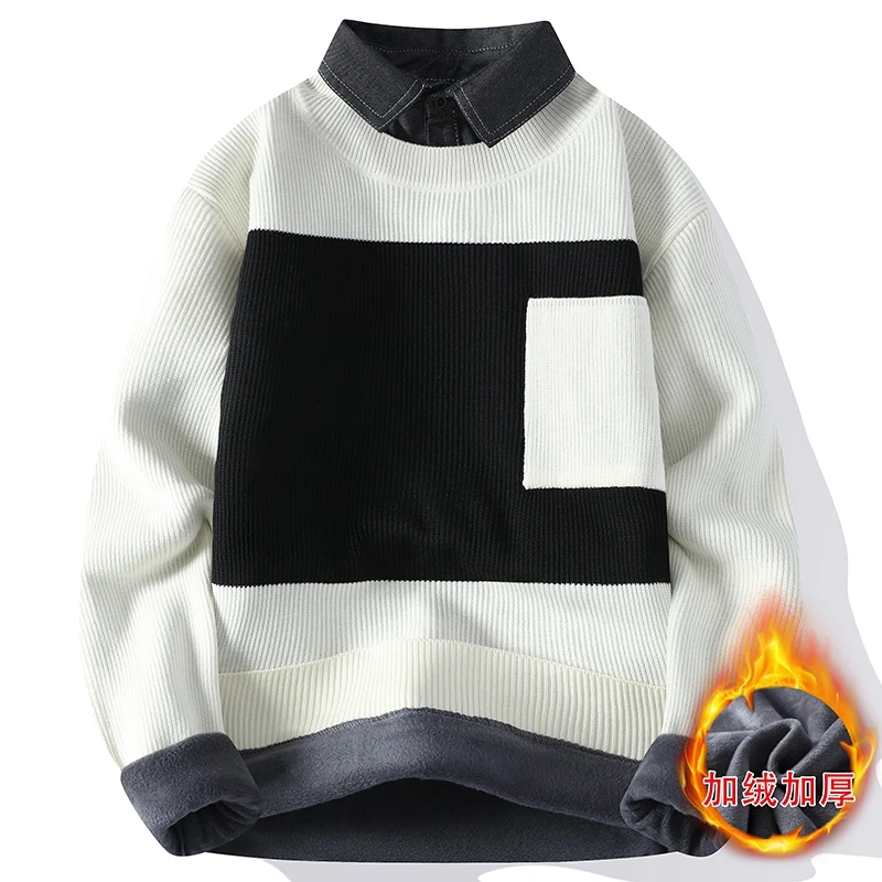 啄木鸟2023年冬季新款假两件潮流时尚加绒加厚保暖内搭针织毛衣男