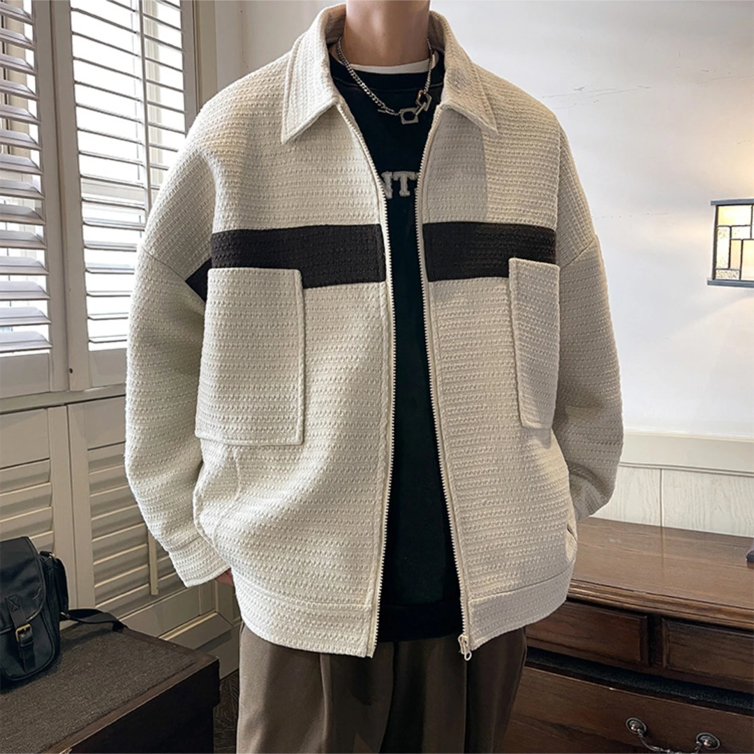 啄木鸟翻领夹克男士立体肌理感撞色工装秋冬季宽松保暖小香风外套