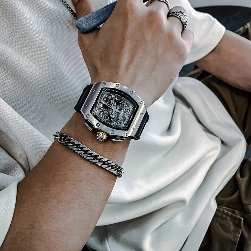 全自动机械手表男大表盘男士虫洞概念酒桶型机械表运动男款表男表