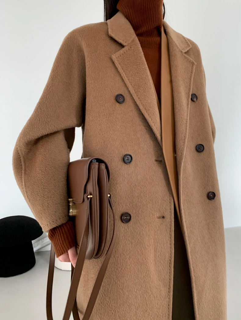 【100%骆驼绒】101801显瘦翻领保暖双排扣简约时尚双面女士大衣