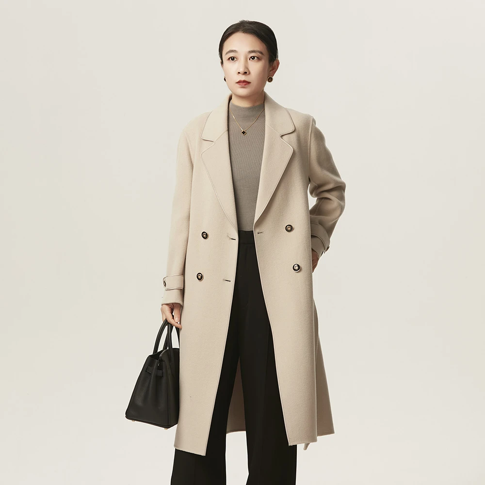 复古典雅手工缝边双面呢羊毛大衣毛呢中长款双排扣修身春季外套