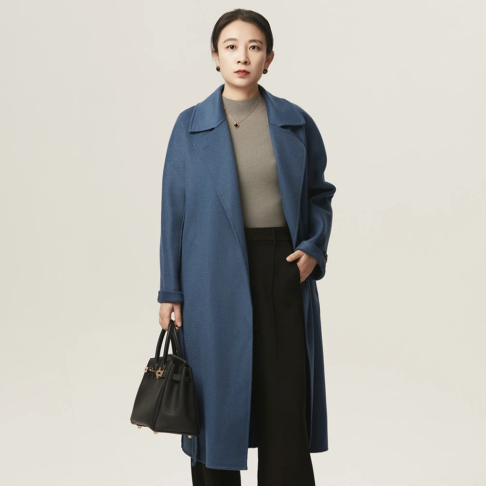 长款毛呢大衣气质中长款翻领驼色经典侧开叉双面羊毛水波纹大衣