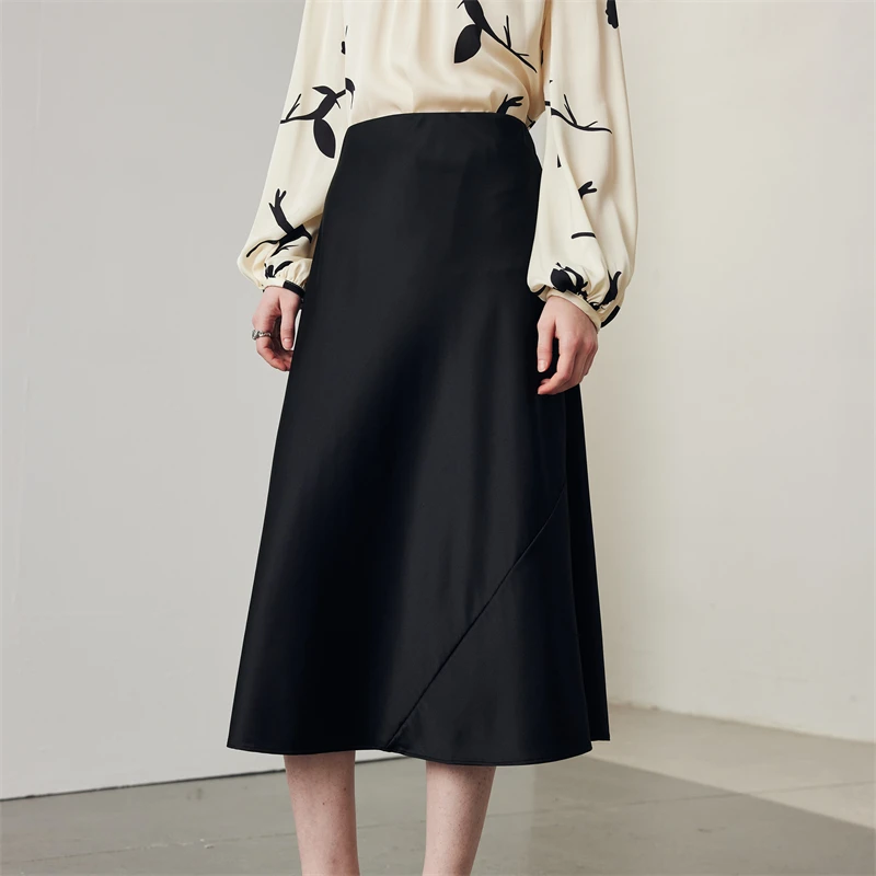 设计感A字高腰气质优雅百搭桑蚕丝春季不规则显瘦中长款半身裙