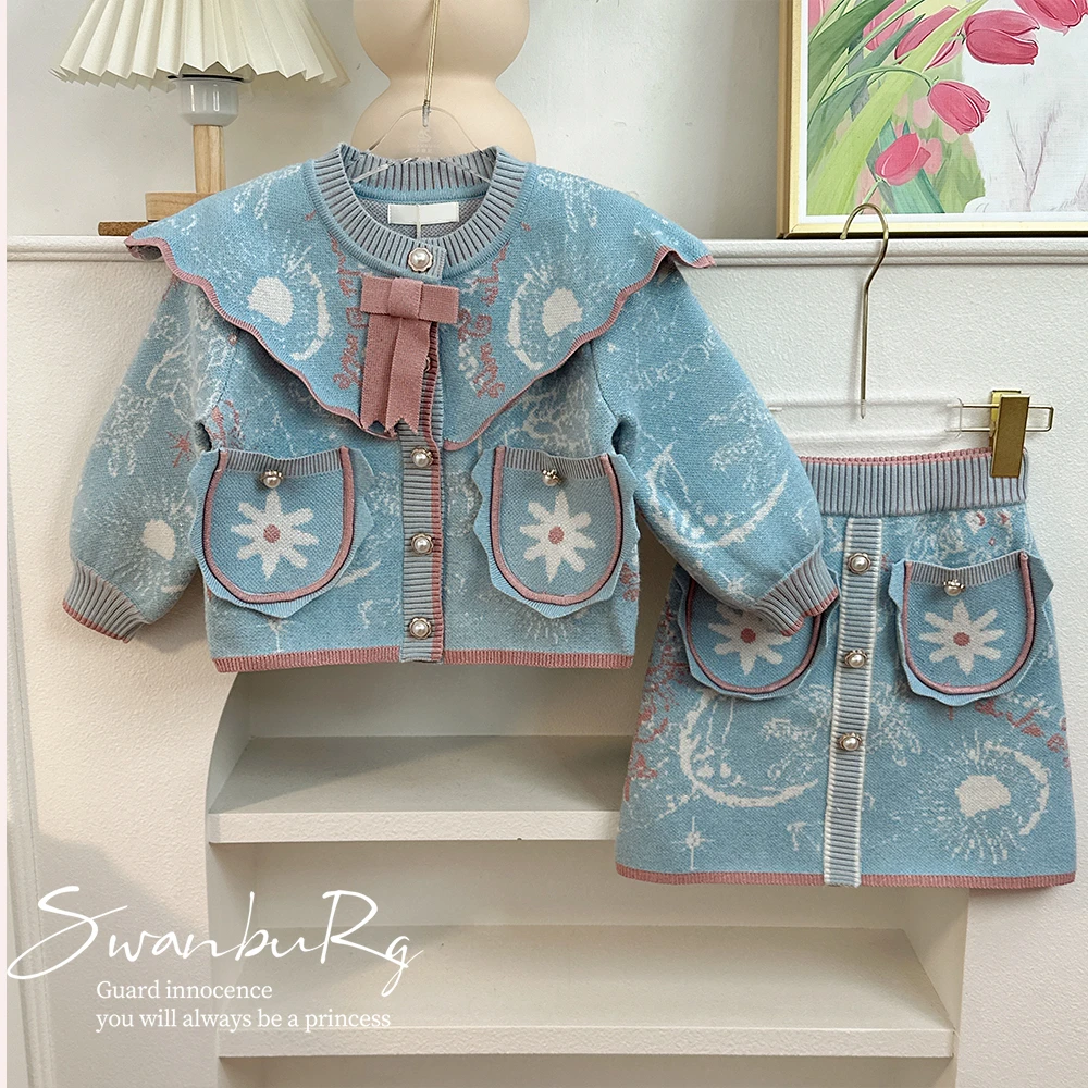 【Y.k250】冬季女童法式甜美针织外套半身裙套装女宝重工小香两件套