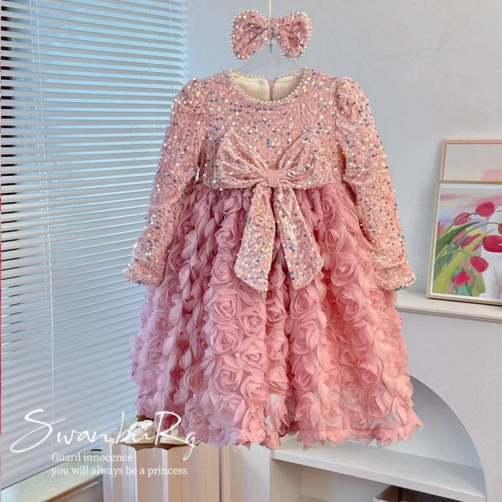 【Y.G096】23冬季新款超重工亮片裙女宝礼服公主裙加绒洋气连衣裙