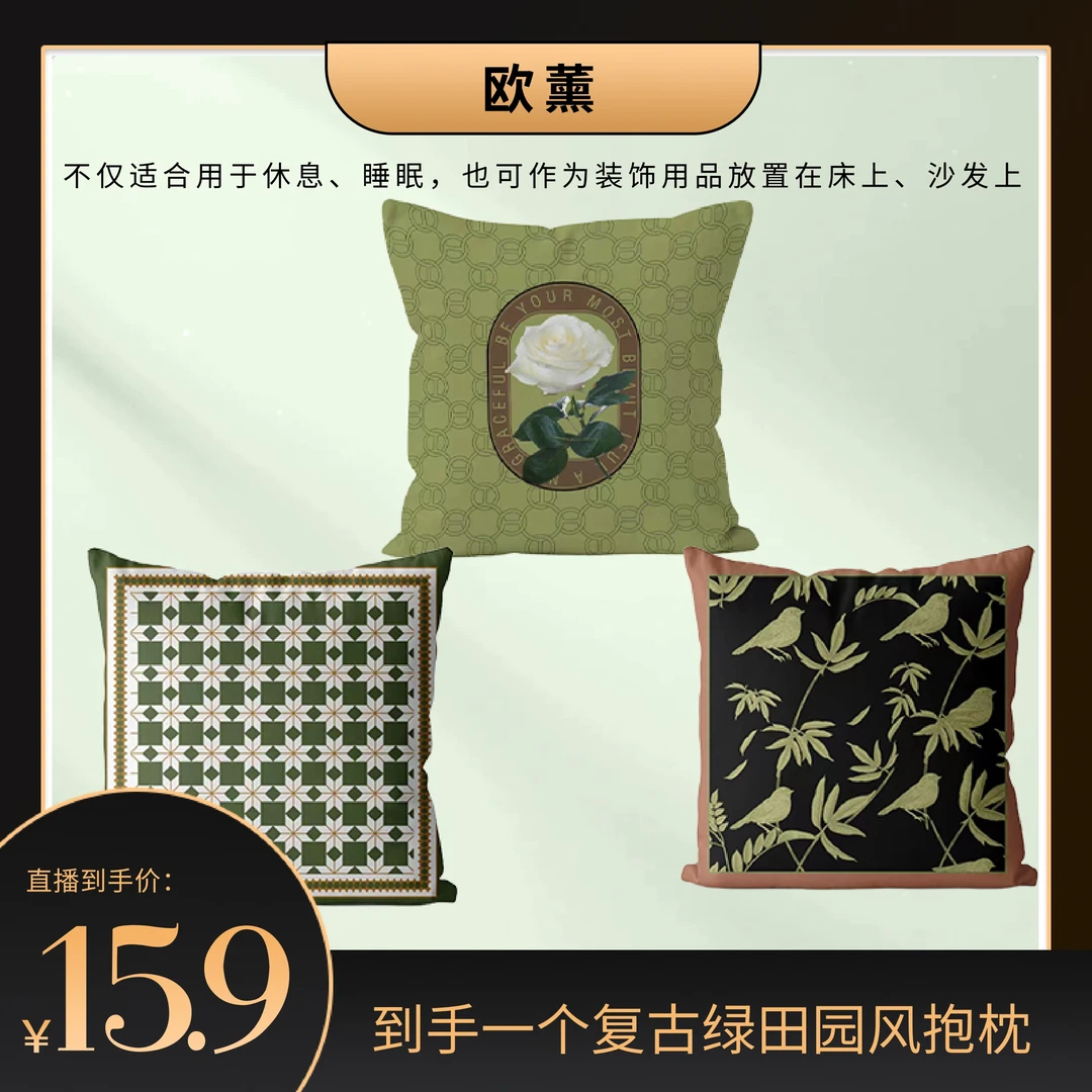 新款复古绿田园风抱枕正方形沙发靠枕客厅卧室