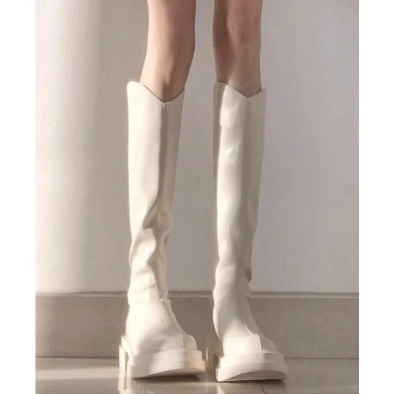 白色口厚底长筒靴女秋冬加绒高筒靴小个子显瘦弹力瘦瘦骑士长靴