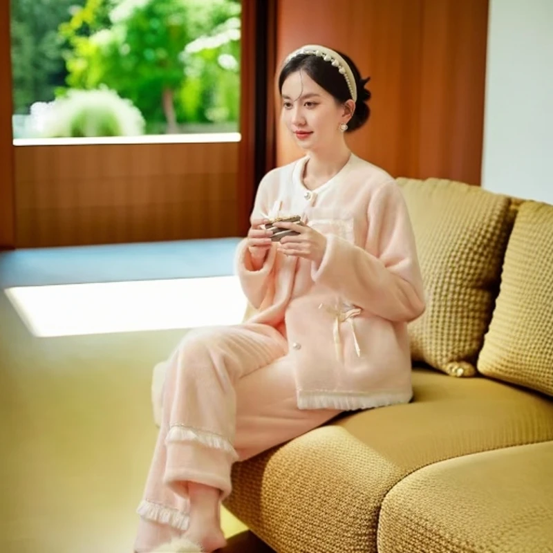 9003时尚保暖家居服套装可外穿高货女款睡衣休闲蝴蝶结系带设计