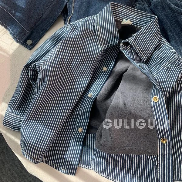 男童加绒衬衫秋冬2024韩版洋气童装时髦加厚上衣酷帅儿童条纹春秋