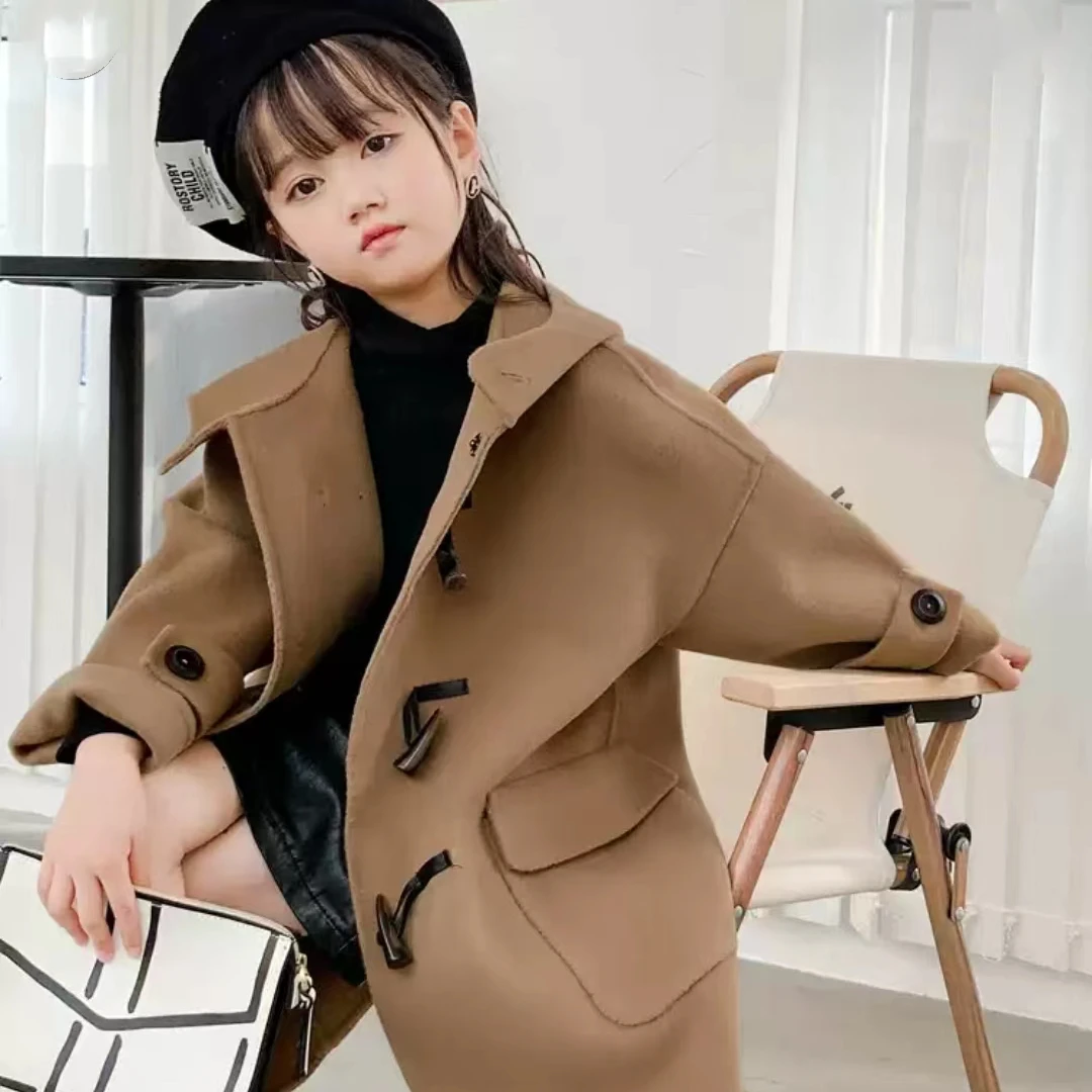 2023新款秋冬女大童毛呢外套女童中长款羊毛大衣儿童双面毛呢气质