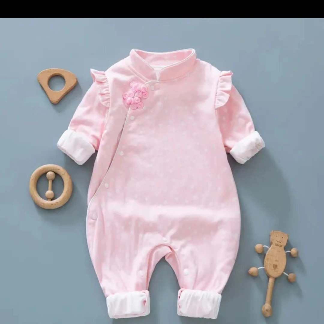 宝宝春秋长袖国风立领盘扣女宝洋气连体衣