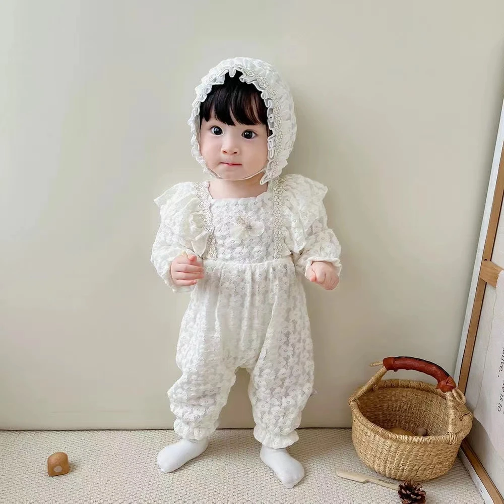 宝宝春秋蕾丝双层公主风长袖连体衣婴儿洋气哈衣外出服