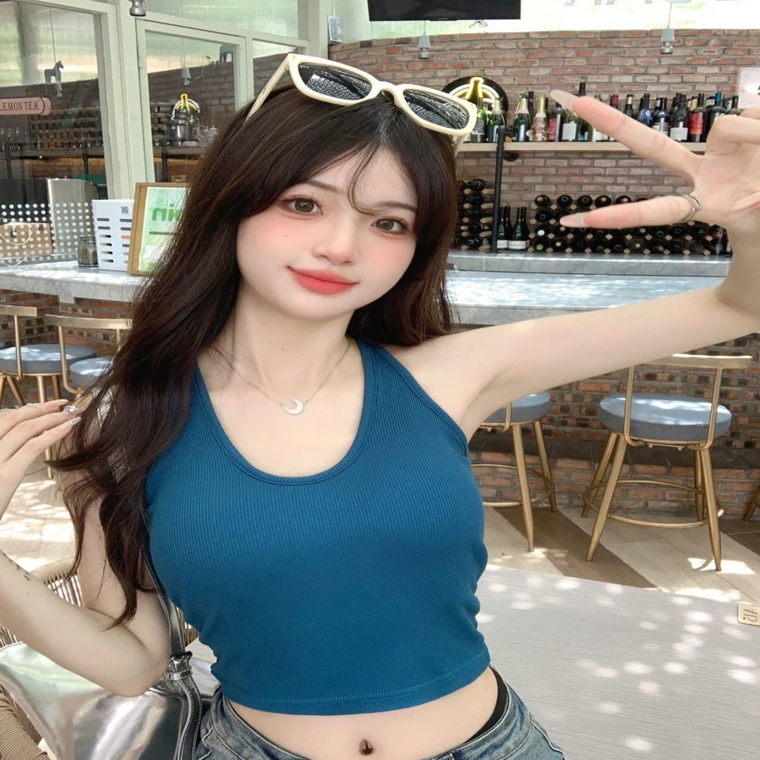 辣妹挂脖吊带背心工字背心带胸垫显瘦U领美背外穿上衣女