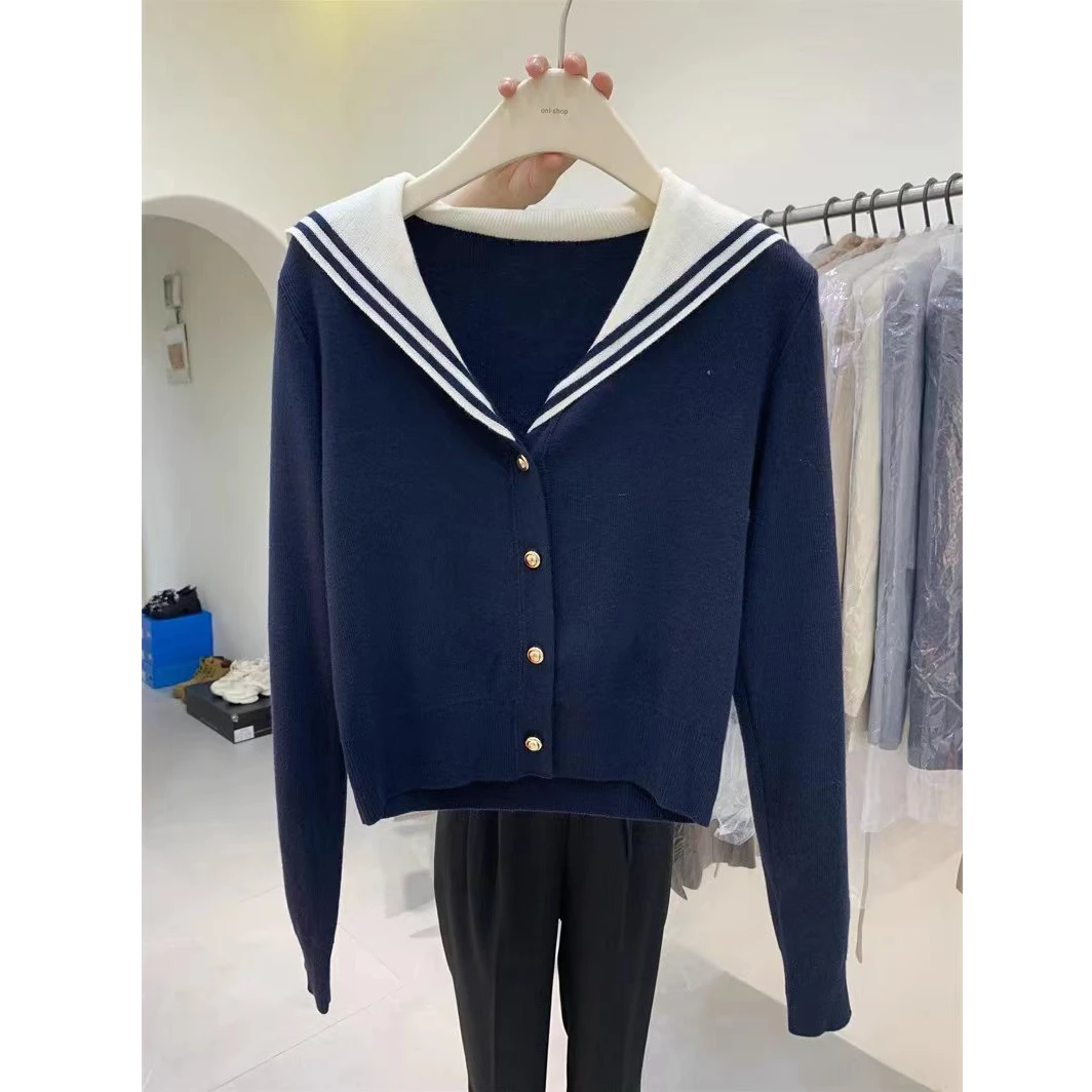 学院风海军领短款针织开衫女装春秋季时髦洋气翻领小个子长袖上衣