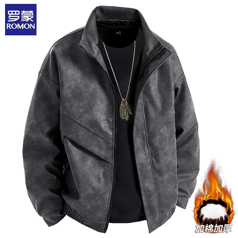 罗蒙皮衣男士外套2024秋冬季休闲加棉加厚保暖立领皮夹克男装上衣