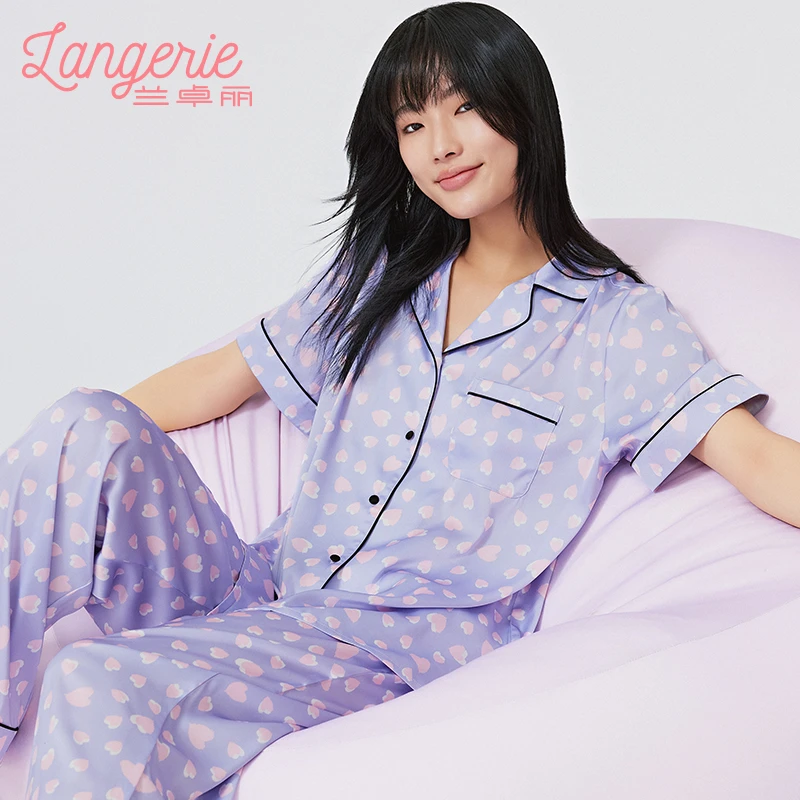 兰卓丽印花家居服女上下套装短袖长裤柔软冰丝睡衣可外穿春秋女款