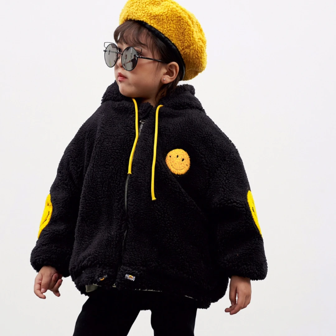 【90码】【冬】羊羔毛加棉袄笑脸毛巾绣黑色带帽子外套棉服冬