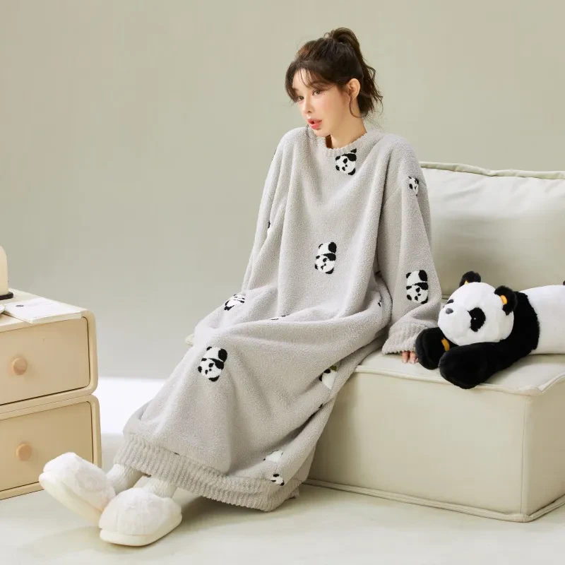 2024秋冬季新款女半边绒睡裙加绒保暖家居服